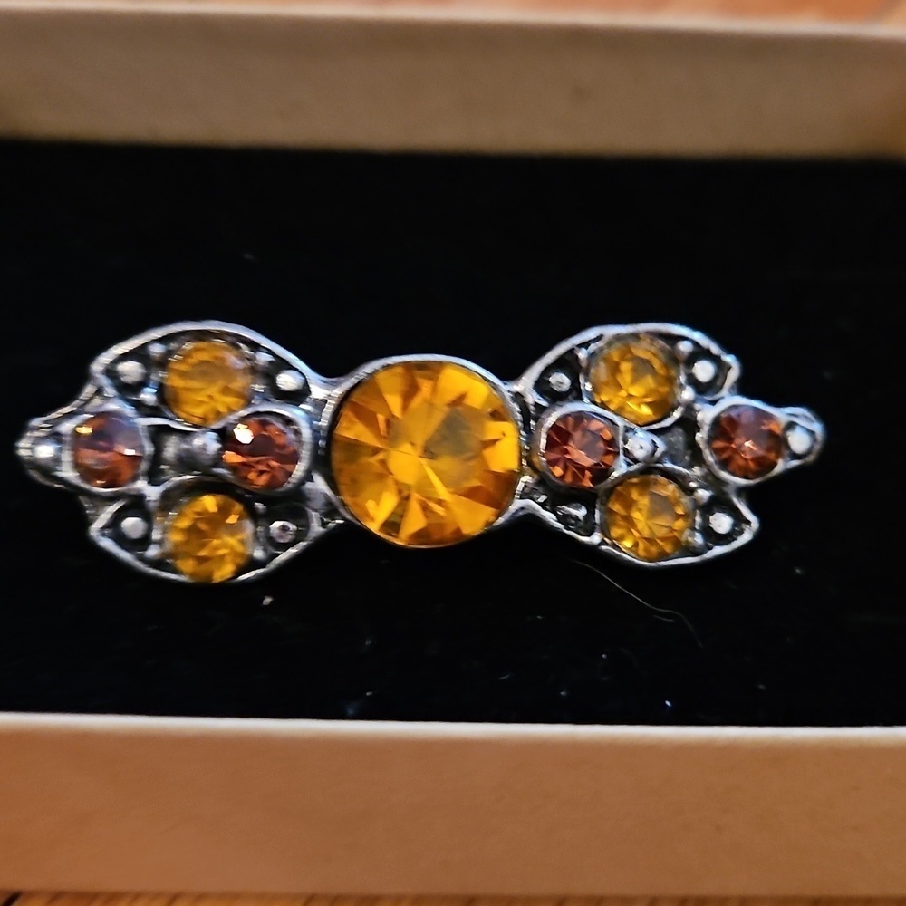 Amber And Rhinestone Inlaid In Silver, Bow-Shaped Brooch, Vintage, EUC
